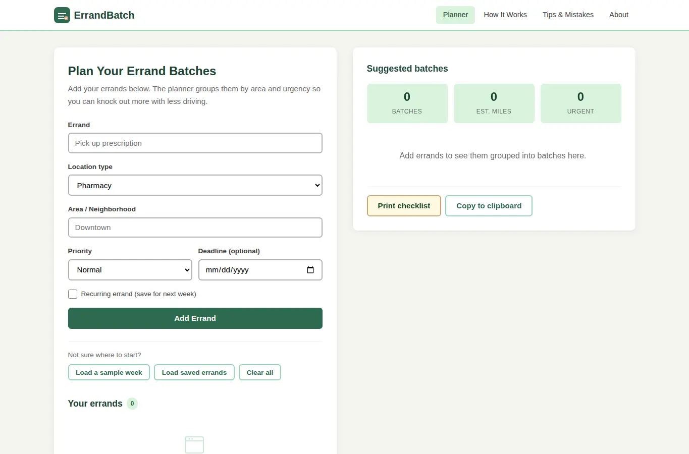 Screenshot of ErrandBatch: Personal Errand Route Optimizer interface showing the project page in use
